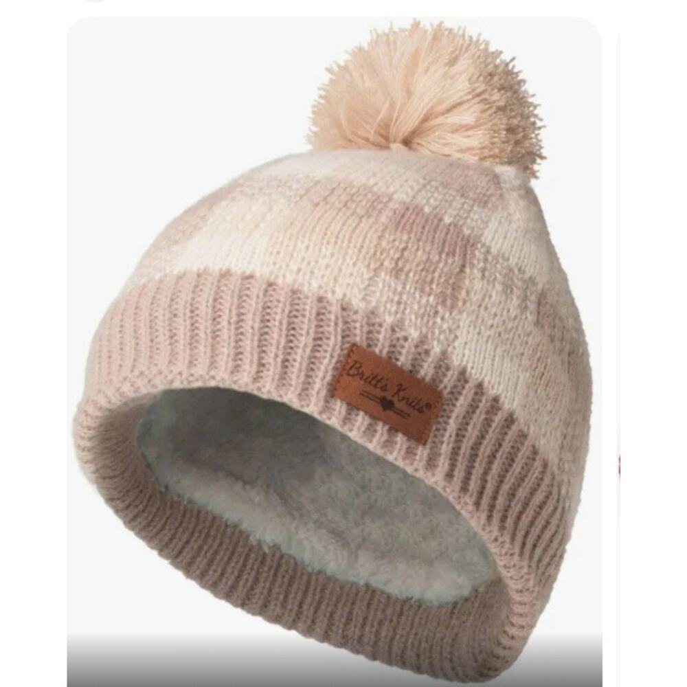 Britts Knits Cozy Pom Classic Knit Hat Cuffed Tan Plaid Beanie